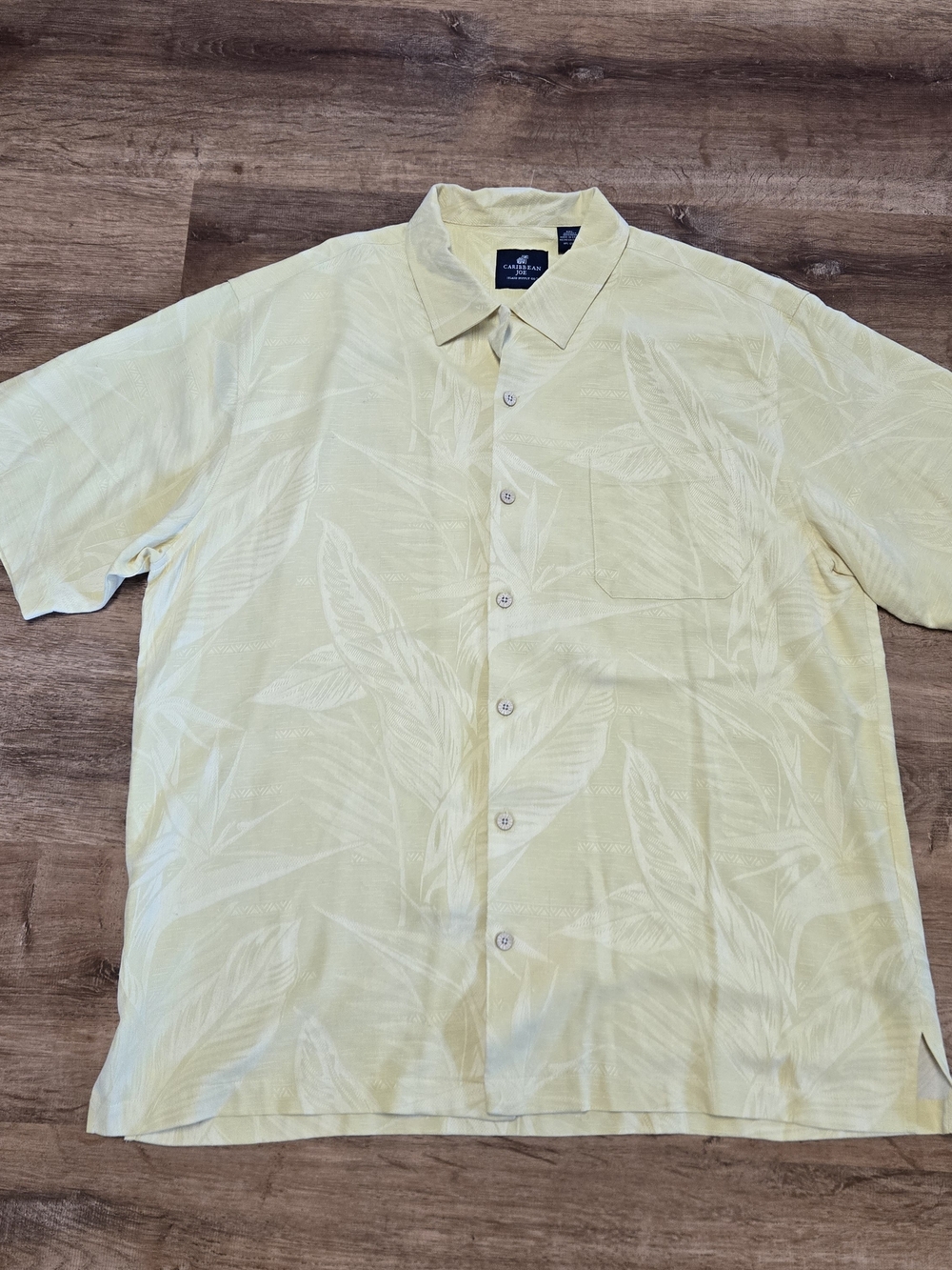 Caribbean Joe Pale Yellow 100% Silk Leaf-Print Button Down Shirt XXL